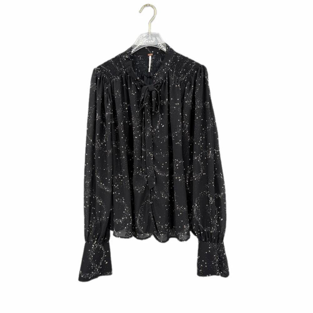 Free People Stars Align Black & White Sheer Button Up Long Sleeve Blouse Top - Picture 8 of 15